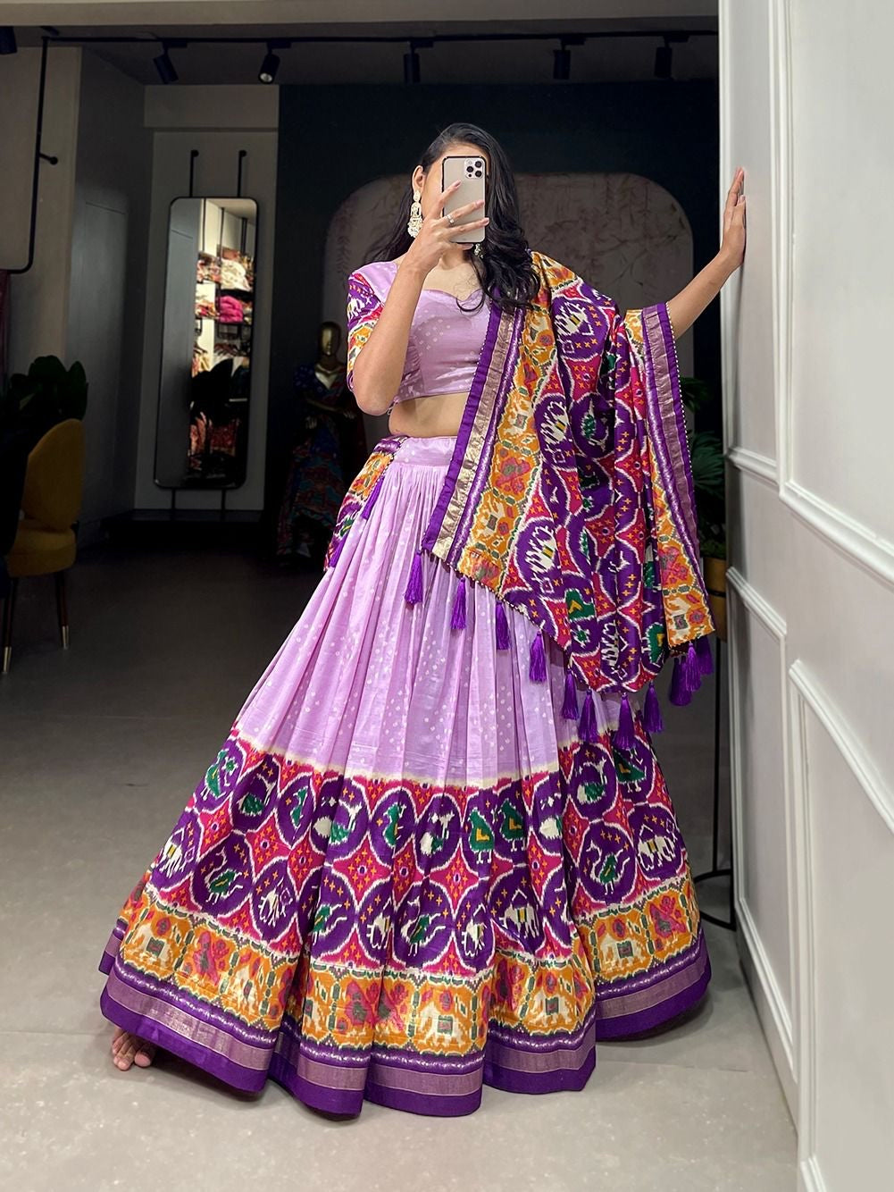 Tussar silk lehengas with bandhej and patola print (skirt stitched) - lavender