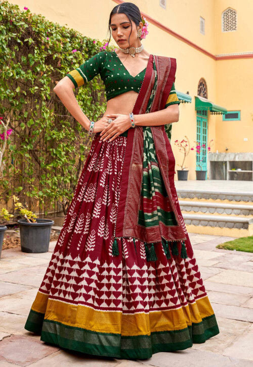 Tussar silk Lehenga in contemporary flair - maroon
