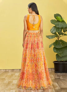 Orange and yellow organza digital print lehenga