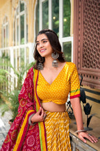 Tussar silk bandhej and Leheriya print in mustard (skirt stitched)