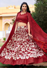 Tussar silk Lehenga in red with white flowers