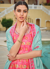 Bright pink embroidery and printed Dola silk gown