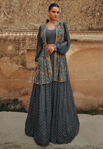 Janisha -  grey chinon silk Lehenga with short jacket