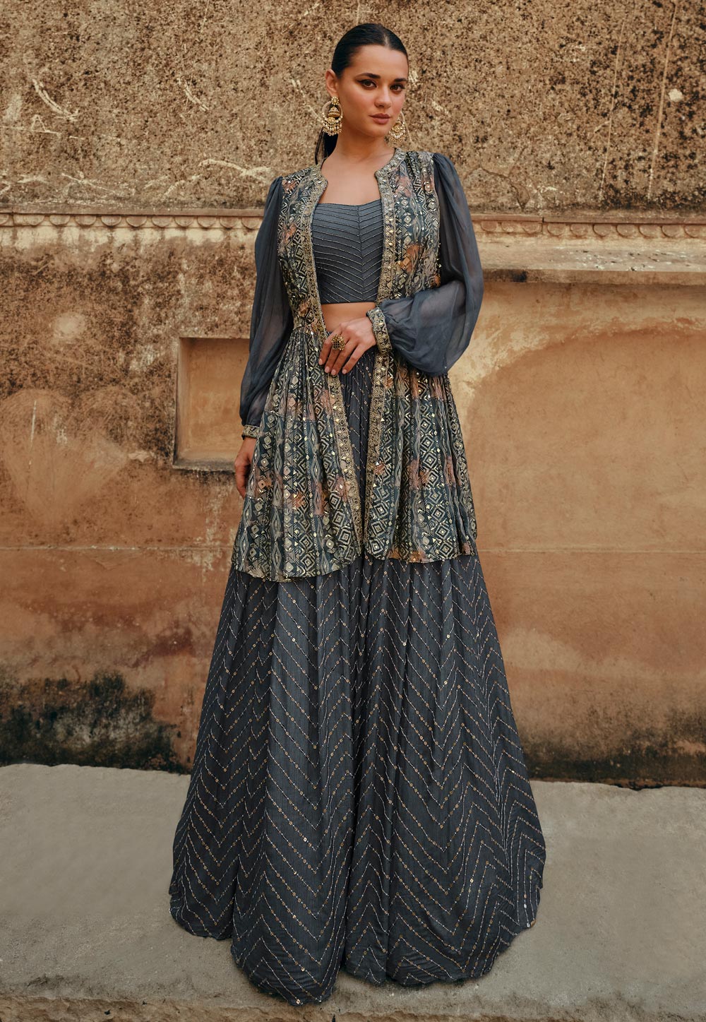 Janisha -  grey chinon silk Lehenga with short jacket