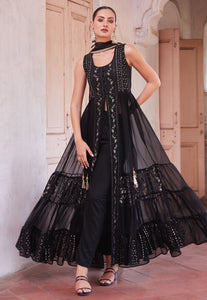 Black georgette centre slit anarkali with pants