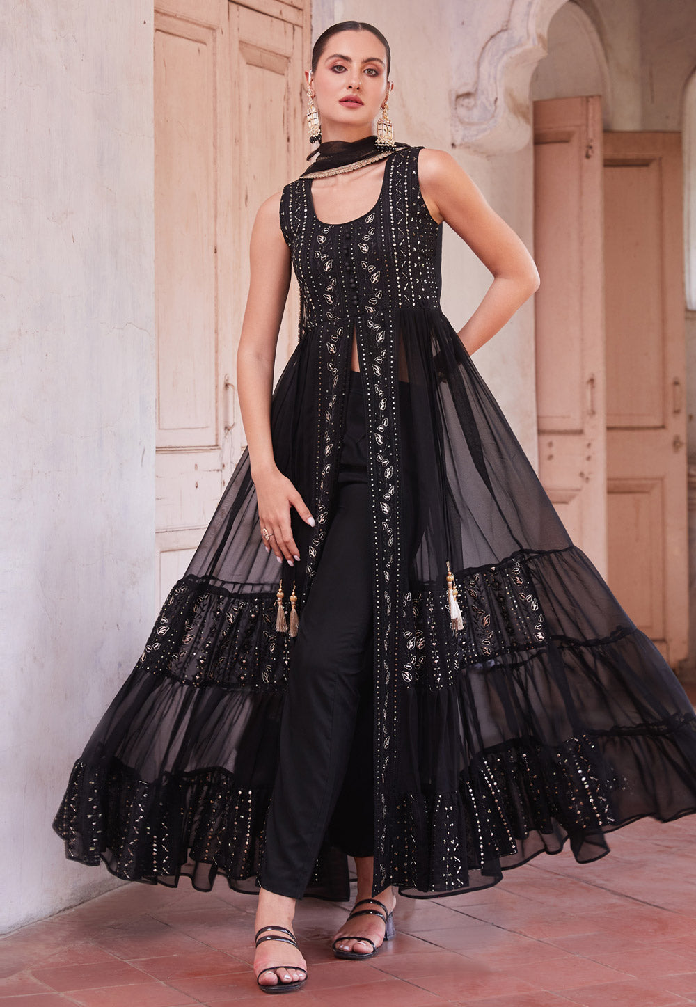 Black georgette centre slit anarkali with pants