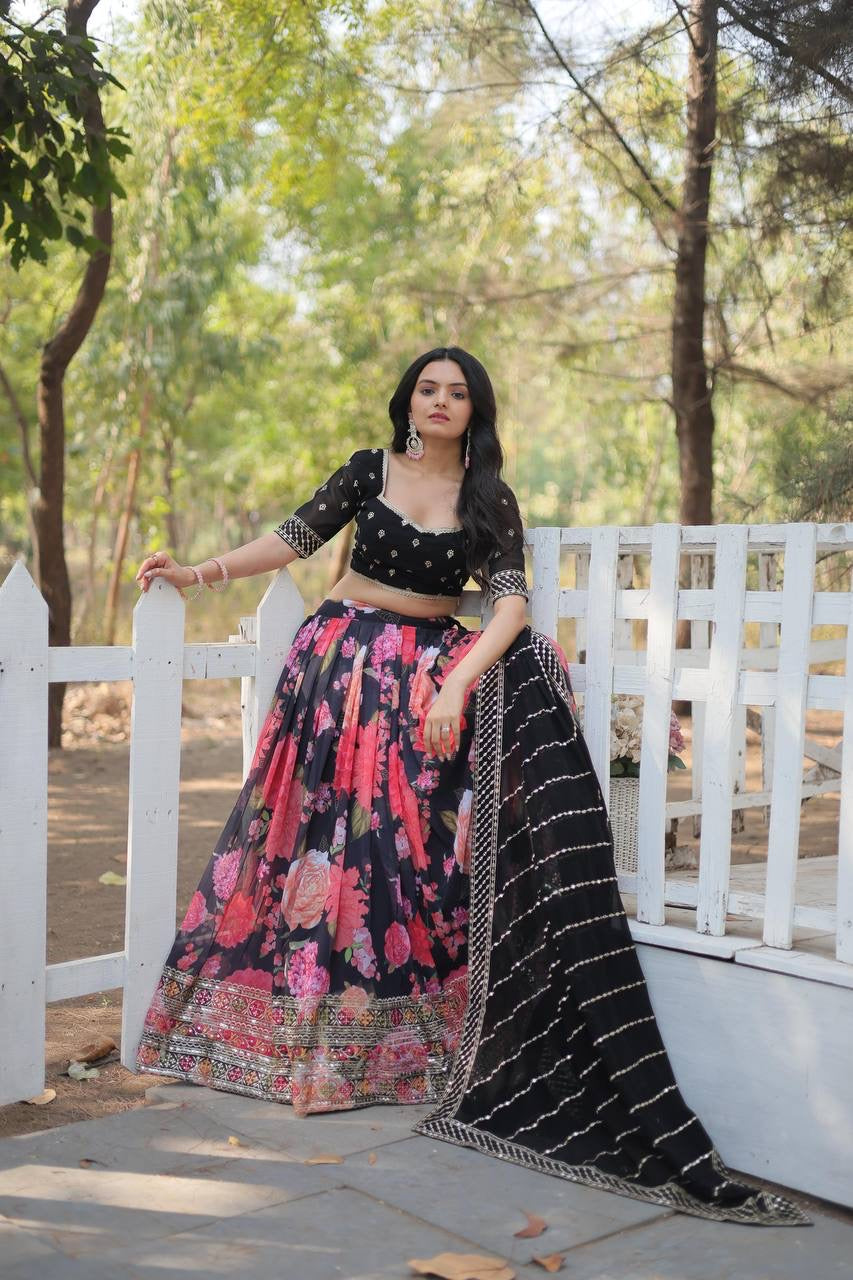 Black floral print blooming Lehenga