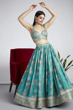 Sea green organza digital printed lehenga