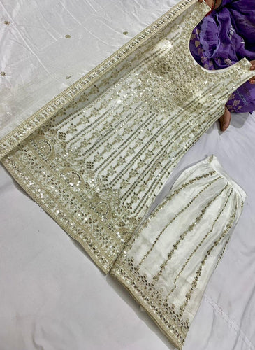 Pastel collection - white chine sequins mirror look embroidered sharara set
