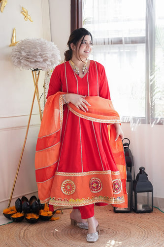 Hot red gotta A line anarkali set (S-12XL) (plus size too)