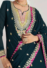 Embroidered chinon silk Lehenga in teal (long top)