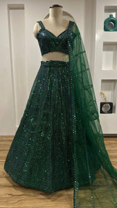 Bottle green Lehenga with rainbow sequins