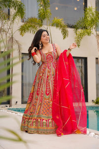 Red digital printed silk anarkali gown
