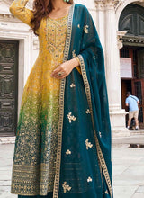 Mustard and blue jacquard silk palazzo
