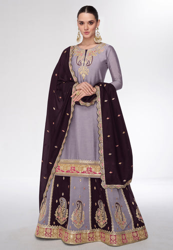 Lavender silk Indo western Lehenga with long top