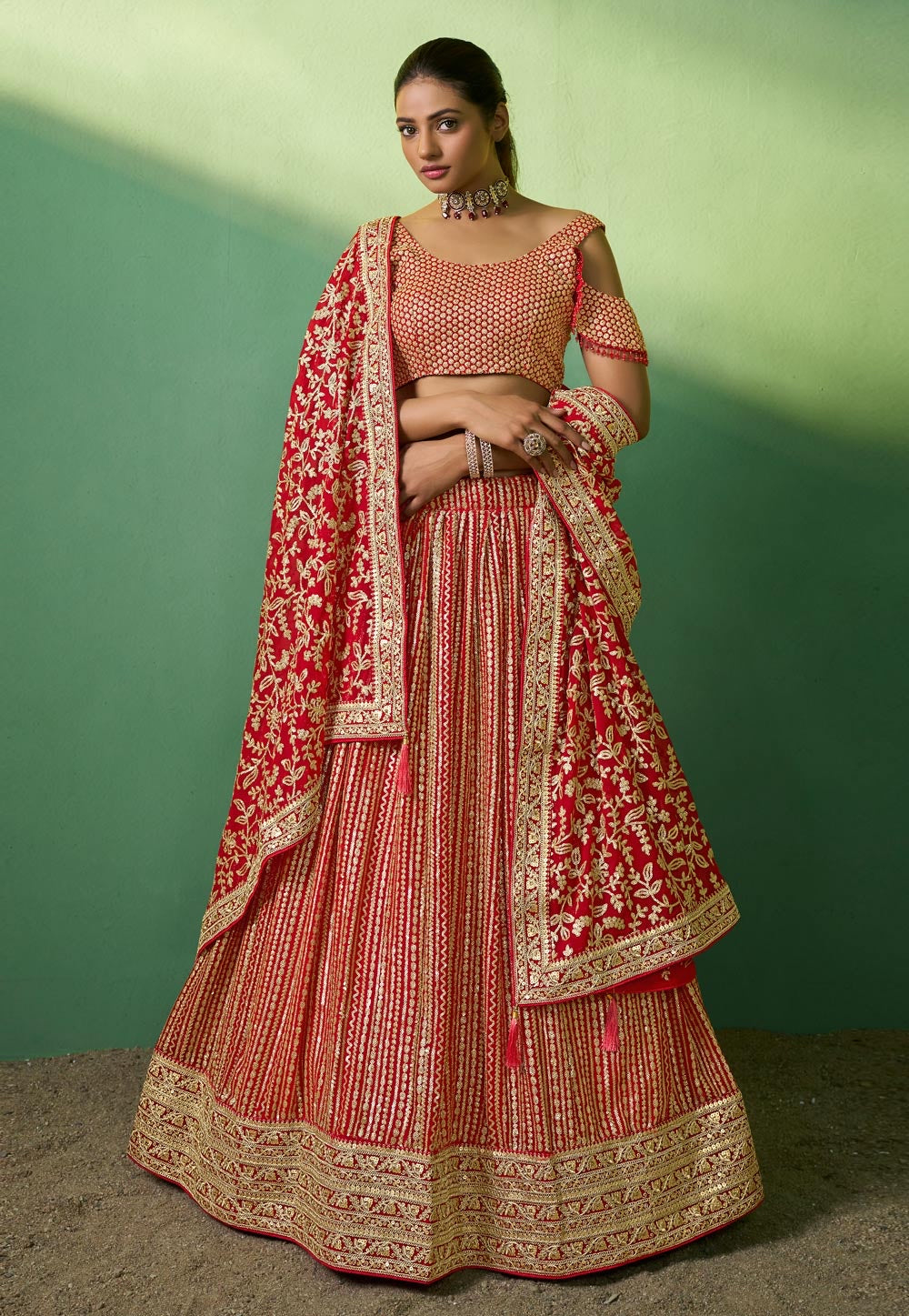 Arna collection - red and gold georgette sequins Lehenga