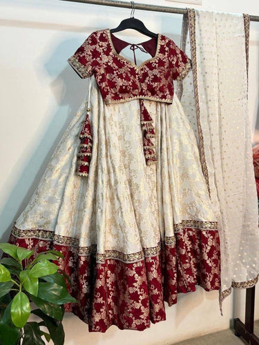Red and off white jacquard Lehenga