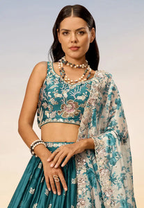 Teal blue chiffon Lehenga