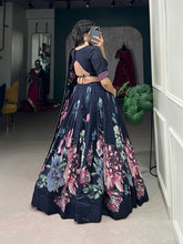 Navy blue Tussar floral print Lehenga (skirt stitched)