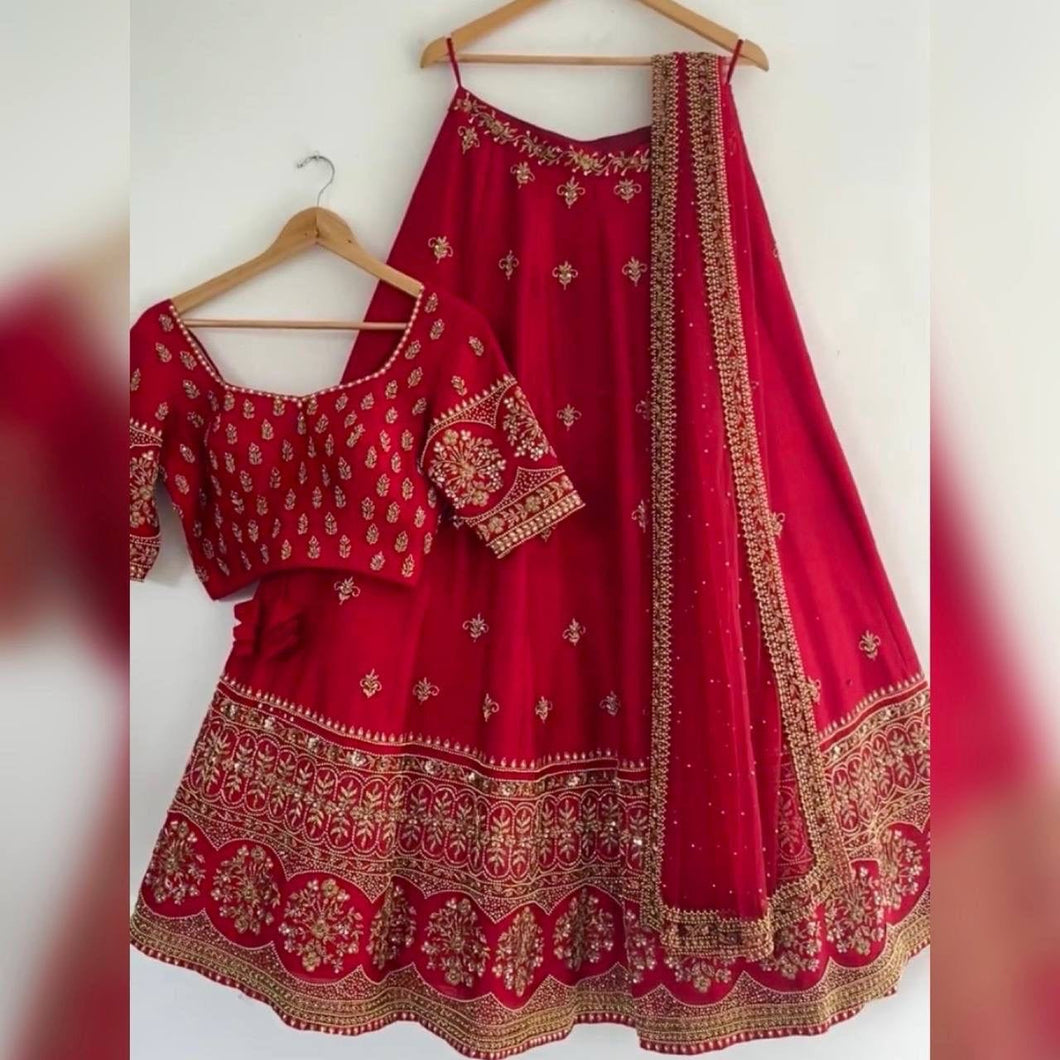 Red and gold elegant satin silk Lehenga