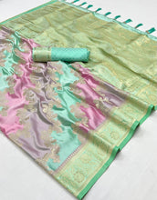 Multicoloured pastel rangkat silk saree in mint green