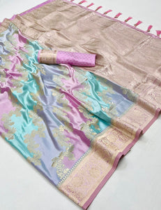 Multicoloured pastel rangkat silk saree in sky blue, lilac and baby pink tones