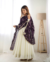 Silk off white gown with dark purple lace dupatta