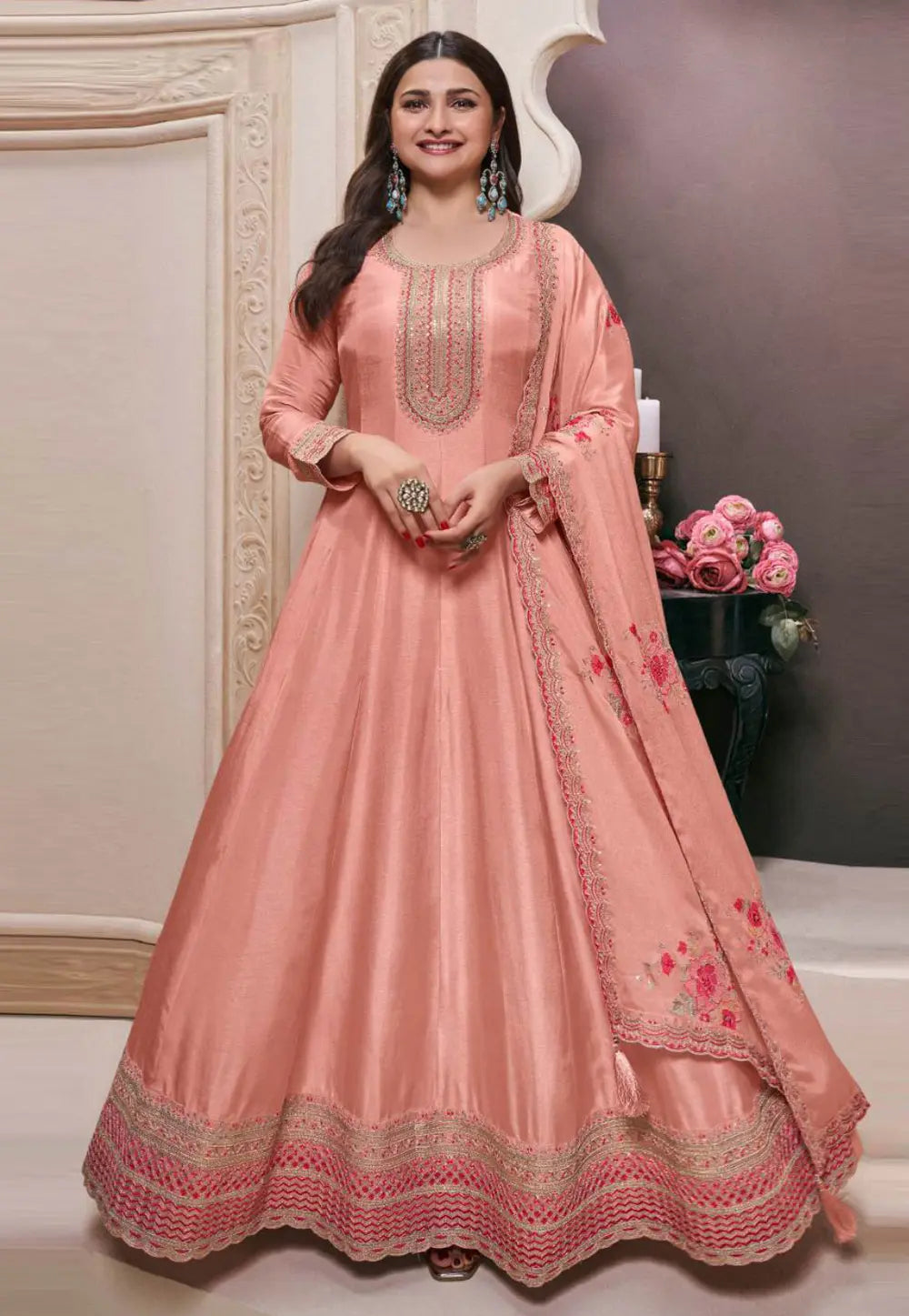 Prachi Desai peach silk anarkali