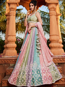Pink chinnon multicoloured panelled Lehenga