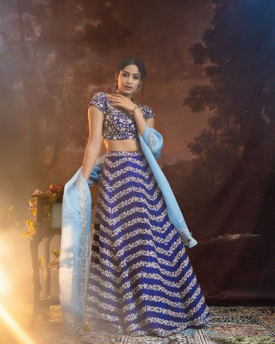 Blue and gold zig zag floral Lehenga