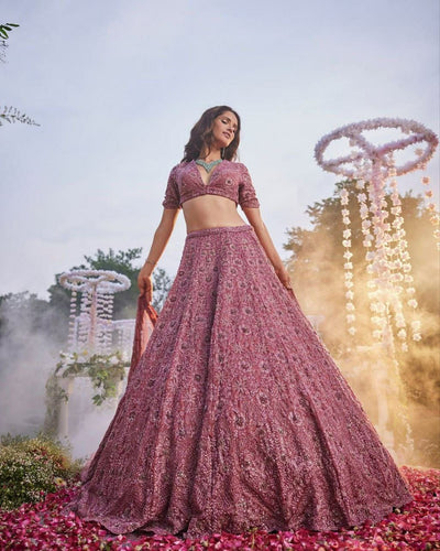 Pink embellished chinon silk Lehenga