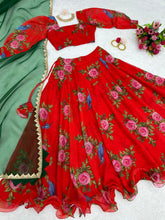 Red floral organza silk with green dupatta - readymade Lehenga