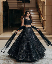 Black silk partywear mirror work Lehenga