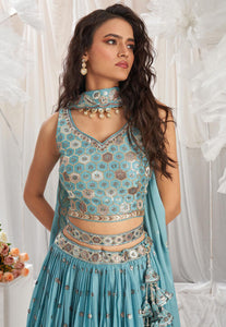 Turquoise blue georgette thread and sequins Lehenga