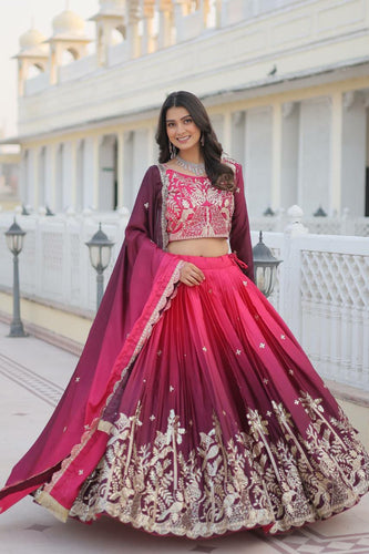 Pink shaded chinon embroidered  readymade Lehenga