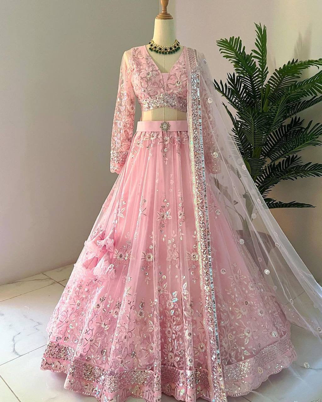 Baby pink floral net Lehenga