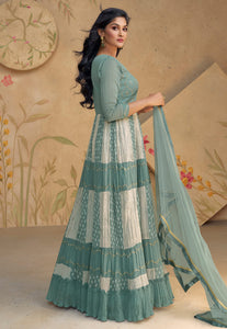 Janisha -  georgette reception pleated anarkali in sea green