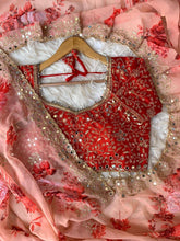 Peach and red mirror work floral saree