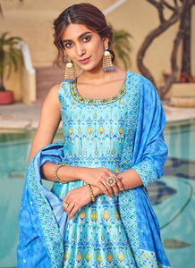 Blue embroidery and printed Dola silk gown