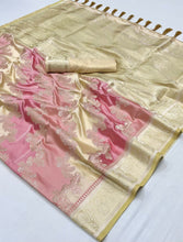 Multicoloured pastel rangkat silk saree in baby pink