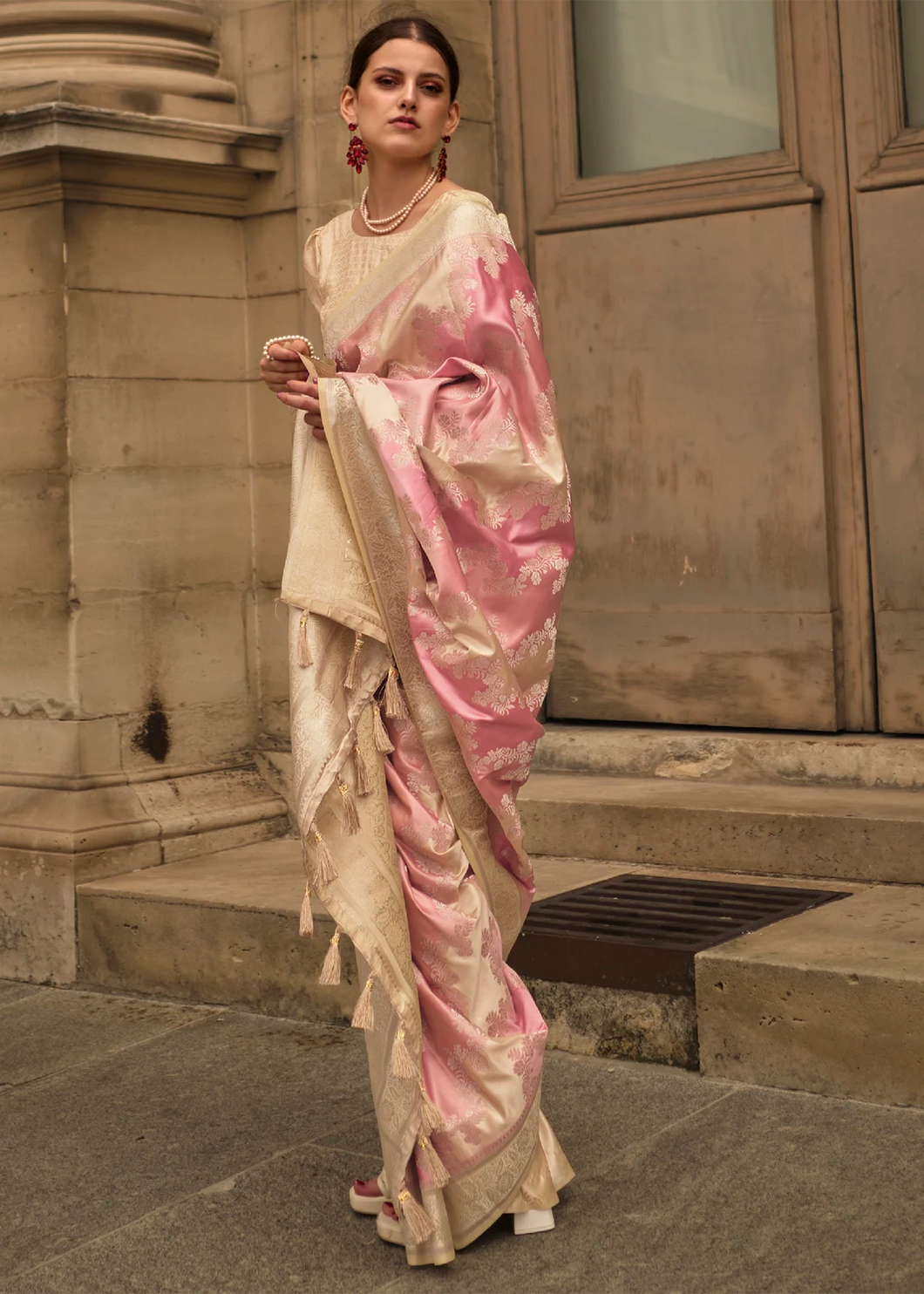 Multicoloured pastel rangkat silk saree in baby pink