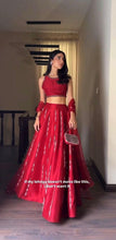Red mirror work satin silk lehenga