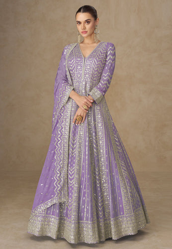 Lavender chinon silk embroidered anarkali