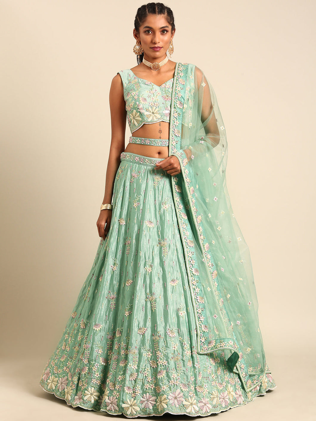 Sea green Georgette Sequins with Heavy Zarkan Embroidery
