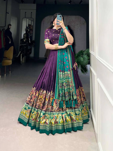 Tussar silk elephant and peacock design in purple (skirt stitched)
