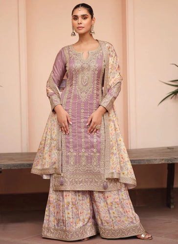 Lilac silk floral salwaar kameez suit