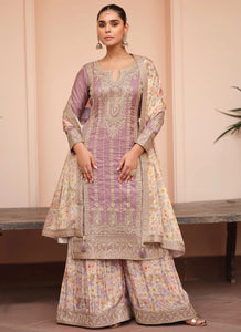 Lilac silk floral salwaar kameez suit