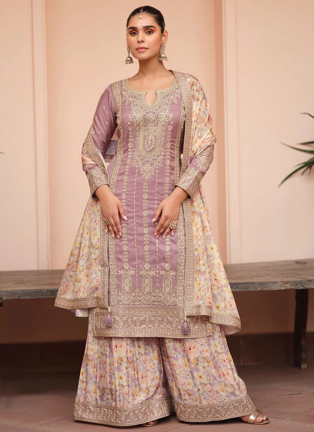 Lilac silk floral salwaar kameez suit