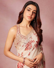 Peach and red mirror work floral saree