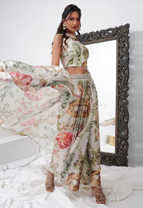 Off white chinon silk lehenga set with cape